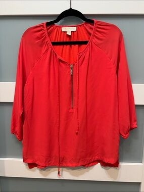 Michael Kors Vibrant Red Half-Zip Blouse